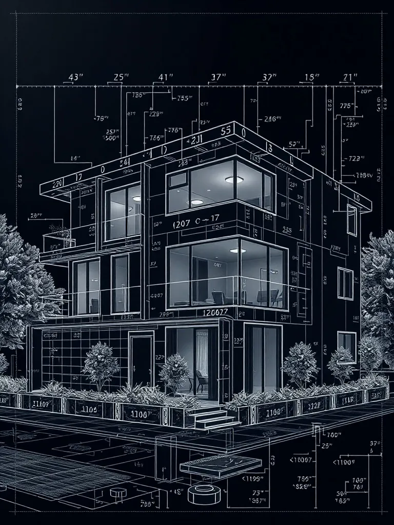 A high-contrast, technical architectural blueprint of a mode