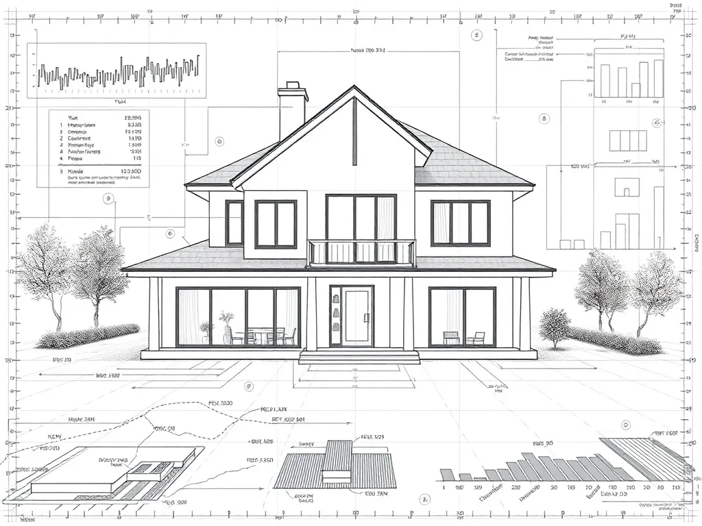 A large architectural plan of a house with financial charts