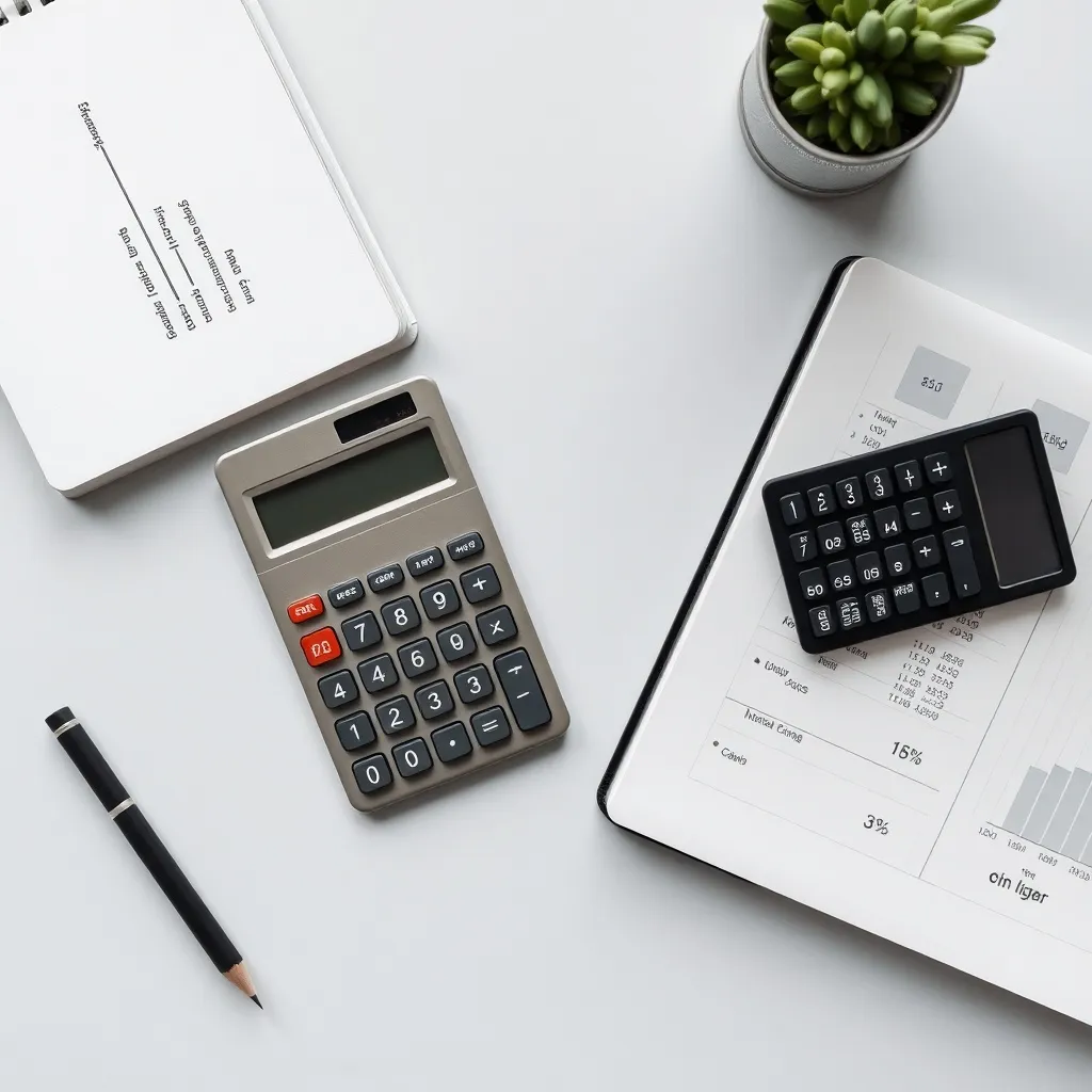A minimalist top-down photo of a clean desk with a calculato