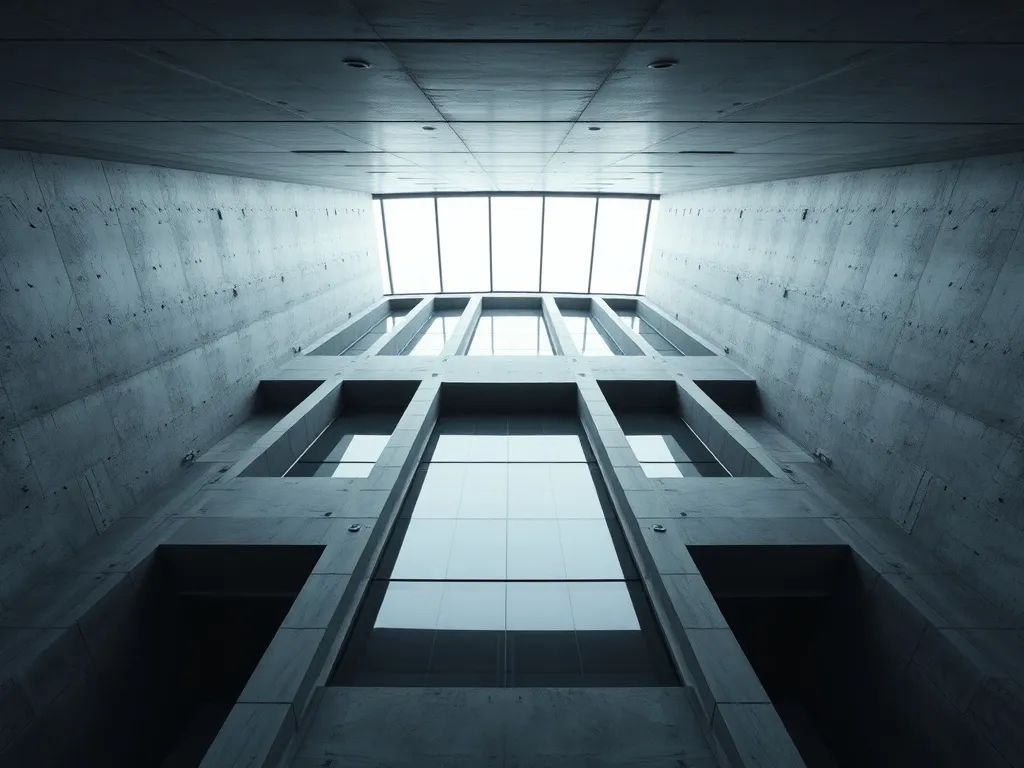 A high-angle architectural shot of a modern minimalist offic