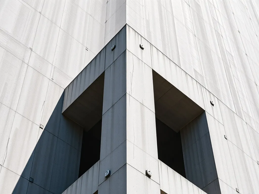 A high-angle architectural shot of a minimalist concrete bui