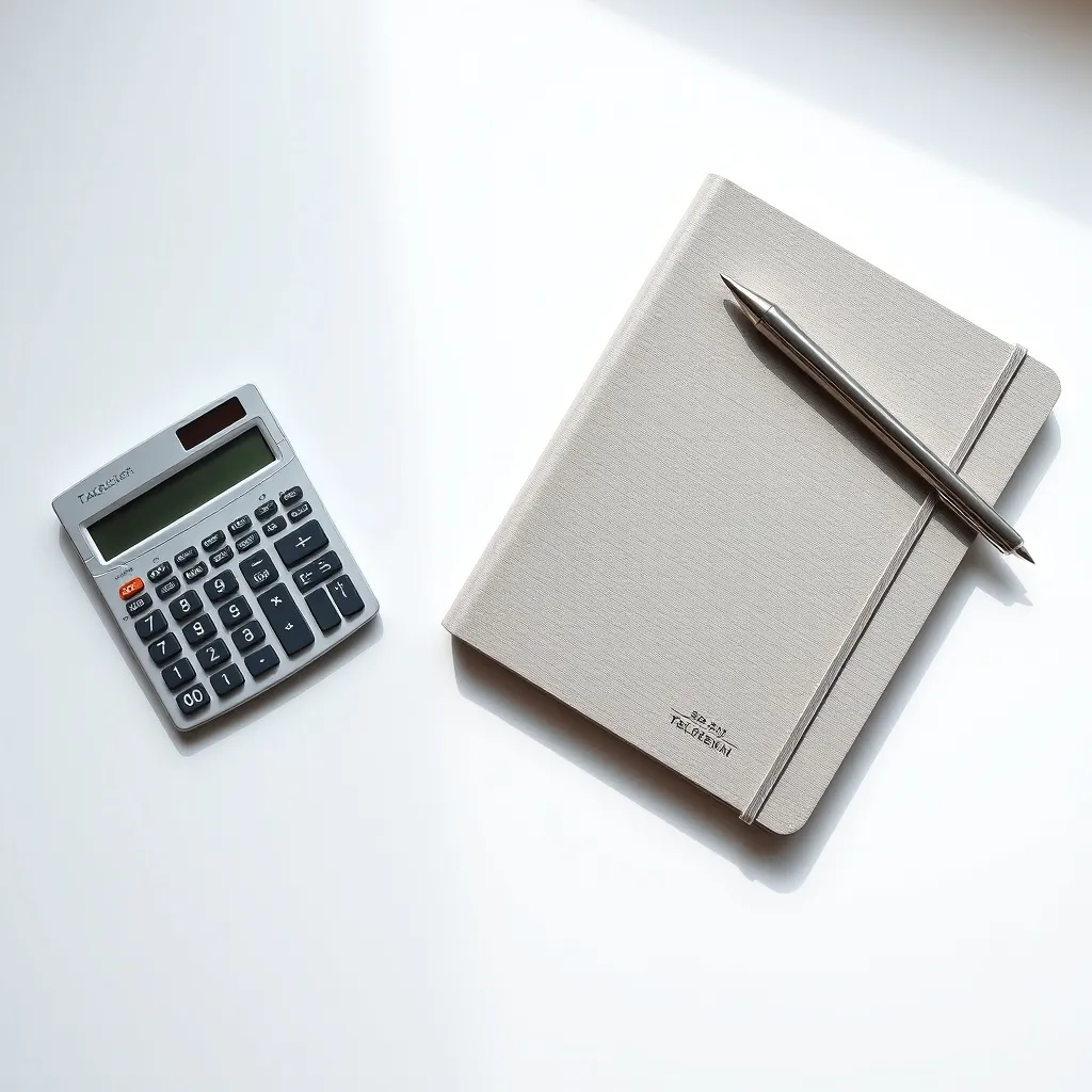 A clean, minimalist workspace with a calculator, a grey note