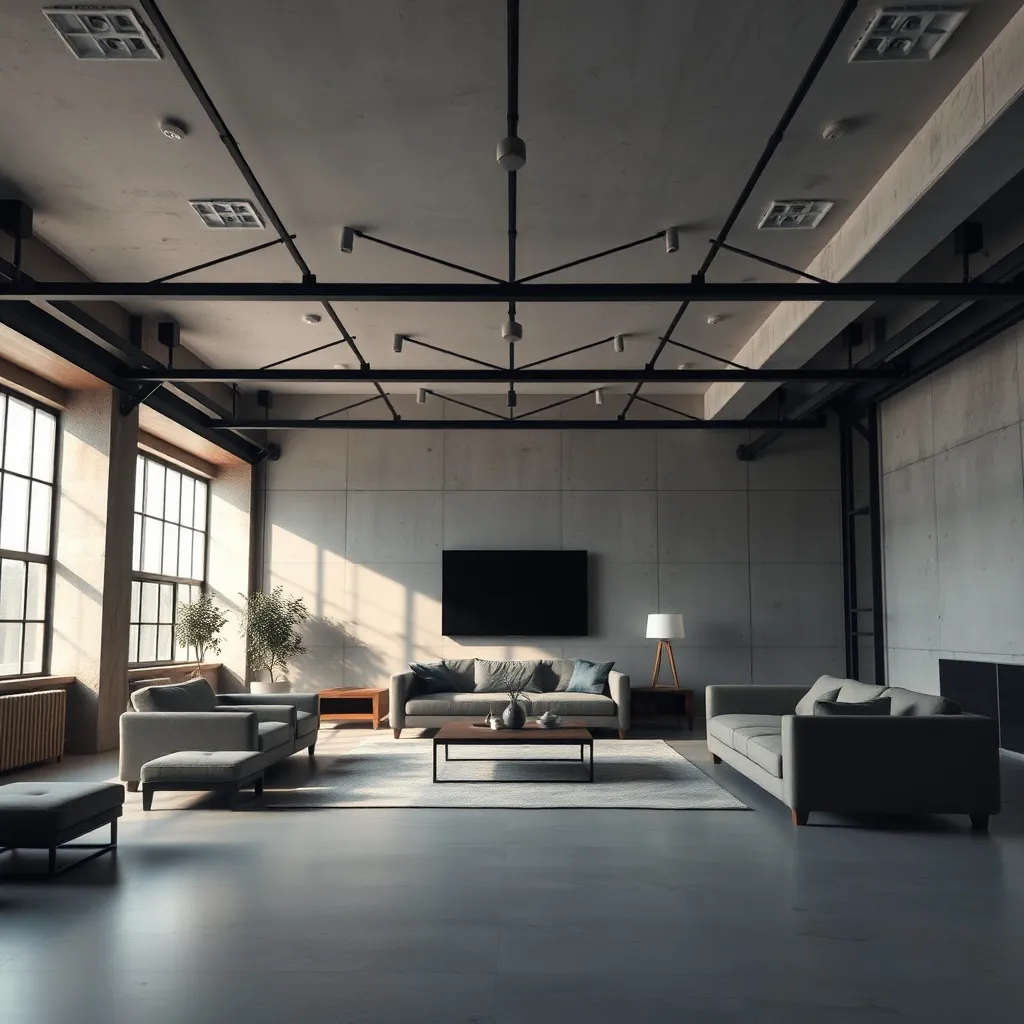 A wide shot of a minimalist industrial living room with stee