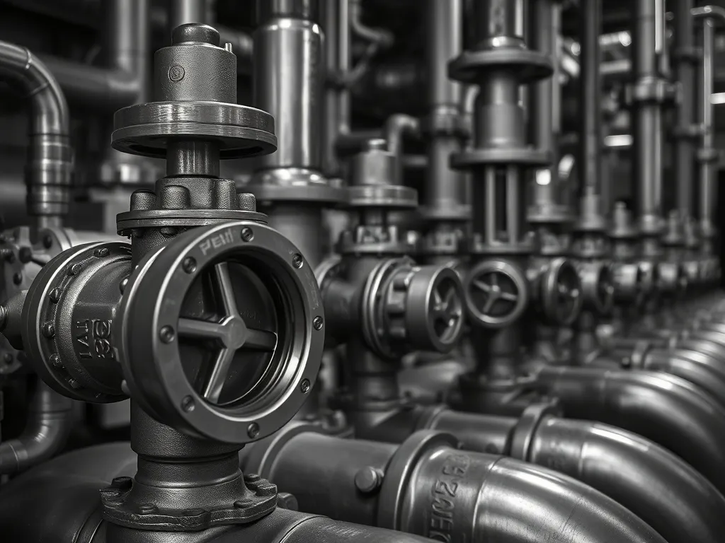 Industrial pressure valves and steel pipes in a clean, high-