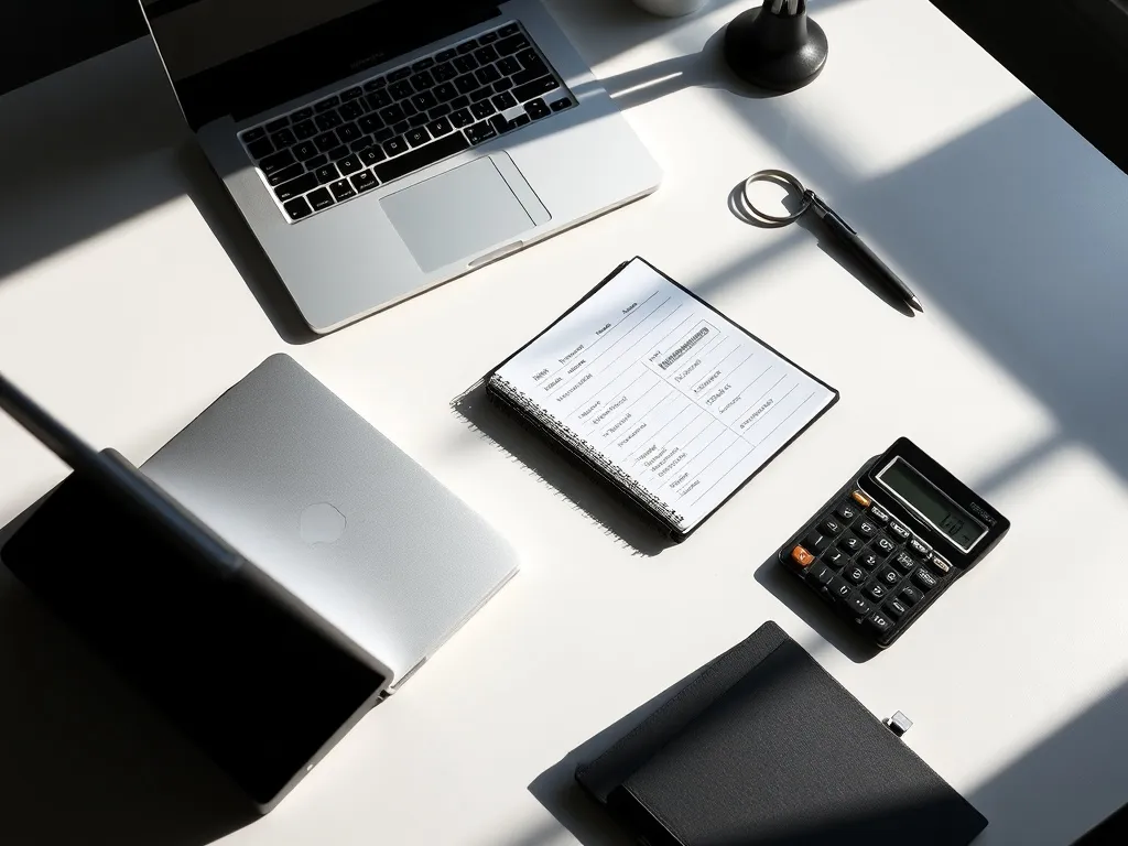 A minimalist office desk with a silver laptop, a black ledge