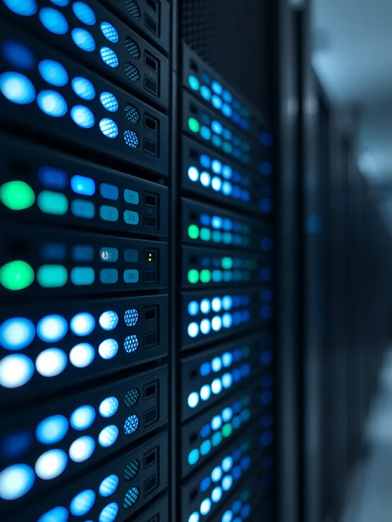 A close up of a server rack with blinking blue and white lig