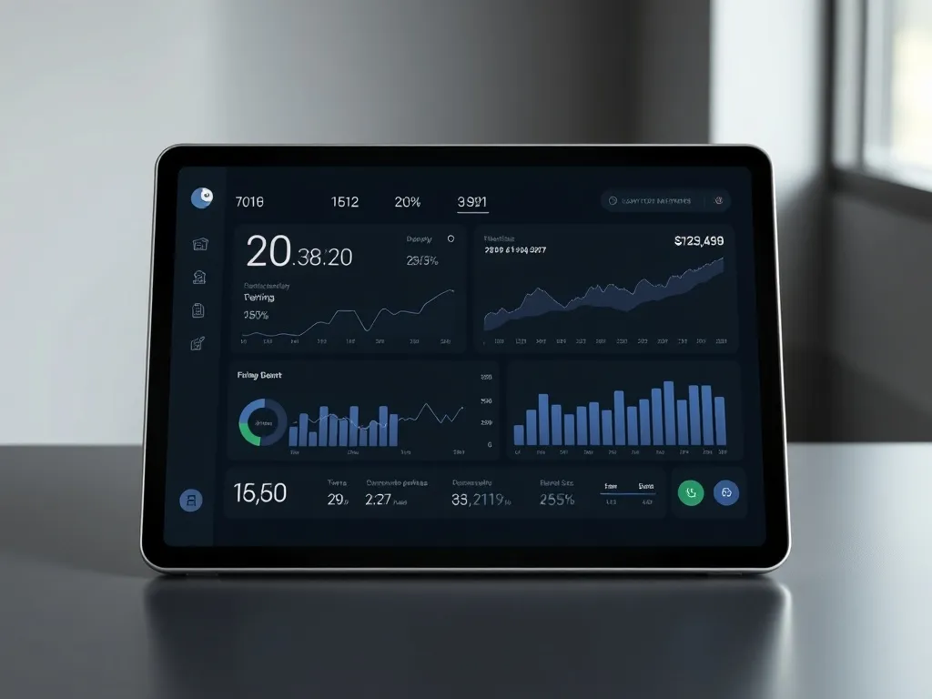 A minimalist, high-tech financial dashboard on a sleek table