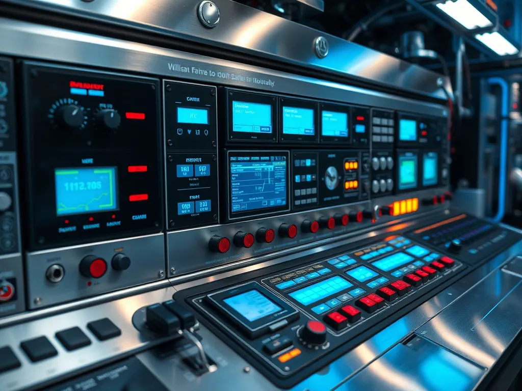 A high-tech control panel with digital displays, steel surfa